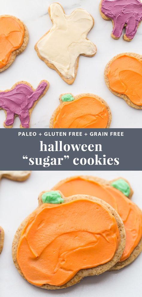 These paleo Halloween cookies are almost too cute to handle. Tender and soft with a paleo buttercream-style frosting, these paleo Halloween cookies are a must for this holiday! Whether you cut them into pumpkins, ghosts, or bats (or maybe zombies, anyone?), these paleo Halloween cookies are a healthier way to enjoy the classic holiday treat. No tricks here! #halloween #healthybaking Whole 30 Halloween Treats, Refined Sugar Free Cookies, Paleo Halloween Treats, Paleo Halloween Recipes, Paleo Halloween, Paleo Fall Recipes, Paleo Deserts, Gf Snacks, Gluten Free Halloween