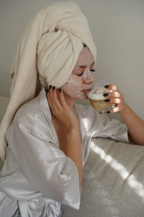 Girl relaxing drinking coffee face mask sheet mask perfect morning aesthetics aesthetically white aesthetics greige Beige drink delicious moment time Face Masks Self Care, Face Pack Aesthetic, Face Mask Pictures Aesthetic, Sheet Masks Aesthetic, Facial Mask Aesthetic, Face Sheet Mask Aesthetic, Facemasks Aesthetic, Sheet Mask Photography, Face Mask Photoshoot