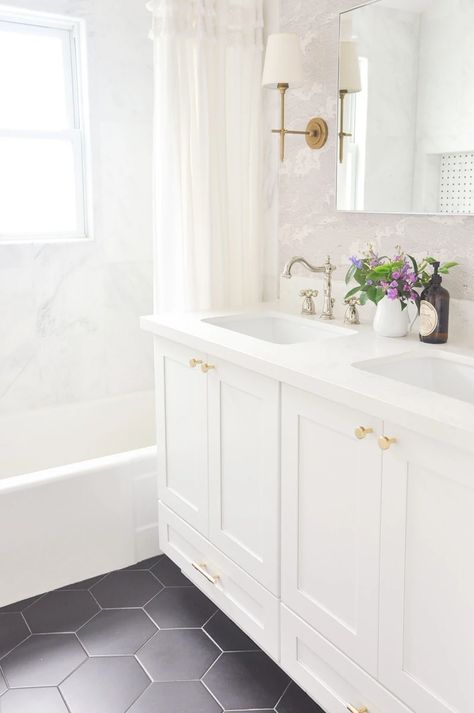 Master Bathroom Remodel Reveal and a Budget Breakdown - Hydrangea Treehouse Airy Bathroom, White Double Vanity, Bathroom Remodel Cost, Budget Bathroom Remodel, Diy Bathroom Vanity, Young House Love, Vinyl Decor, Home Luxury, Bathroom Light