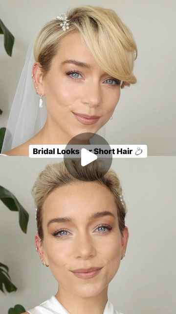 Which Bridal look would you wear down the aisle? @sexyhair and I teamed up to create two differ... Pixie Hair Bridesmaid, Pixie Hair Wedding Styles Bridesmaid, Bride With Pixie Haircut, Bridal Short Hairstyles With Veil, Pixie Bridal Hairstyles, Pixie Bride Hair, Bridal Pixie Hair, Pixie Bridal Hair, Pixie Cut Bride