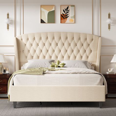 Alaijha Upholstered Wingback Bed Bed Frame Queen Size, Bed Frame Queen, Low Profile Platform Bed, Adjustable Bed Base, Wingback Bed, Linen Bed, Curved Headboard, Elegant Bedding, Queen Size Bed Frames