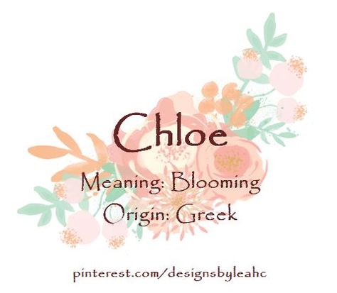 Baby Girl Name: Chloe. Meaning: Blooming. Origin: Greek. Nickname: Coco. Chloe Meaning, Chloe Name Meaning, Chloe Name, Girls Names Vintage, Hipster Baby Names, Irish Baby Names, Meaningful Baby Names, Names Girl, Rare Baby Names