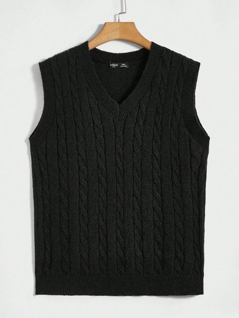 Manfinity Homme Men Cable Knit Sweater VestI discovered amazing products on SHEIN.com, come check them out! Black Knitted Vest, Men's V Neck Sweaters, Sweater Outfits Men, Cable Knit Sweater Vest, Sweater Vest Mens, Knit Sweater Vest, Boys Sweaters, Men Fashion Casual Outfits, Ribbed Knit Sweater