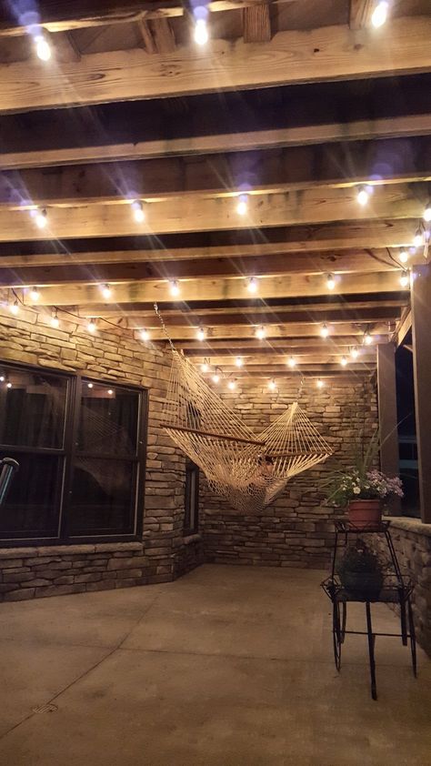 Lights Under Patio, Hanging Lights Under Deck, Under Porch Lighting, Under Deck Lighting Ideas, Hammock Under Deck, Under Deck Lighting, Lights Under Deck, Path To Fire Pit, Patio Pergola Ideas Attached To House