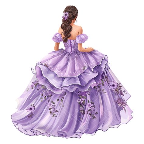 Purple Princess, Purple Princess Dress, Purple Quinceanera Theme, Dress Clipart, Mexican Girl, Girl Clipart, Quinceanera Invitations, Quinceanera Dresses, Elegant Invitations