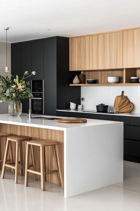 32 Black and White Kitchen Ideas (To Make a Bold Design Statement) Monochrome Kitchen Design, White Oak Black Countertop, Modern Simplistic Kitchen, Graphite And Wood Kitchen, Scandi Black Kitchen, Black And Wood Interior Design Modern, Cream And Black House Interior, Black N White House Interior Design, Black White Walnut Kitchen