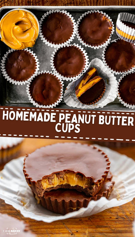 Homemade Peanut Butter Cups are a creamy peanut butter filling coated with milk chocolate for a treat that is better than store-bought. The best part about this recipe is that it uses only 4 simple ingredients that you probably have on hand! Mini Peanut Butter Cup Recipes, Peanut Butter Fudge Cups, Homemade Pb Cups, Homemade Chocolate Filling Recipes, Reese’s Cups, Reeces Peanut Butter Cup Ideas, How To Make Peanut Butter Cups, Homemade Reese’s Peanut Butter Cups, Easy Peanut Butter Cups