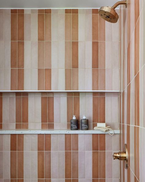 We love a tiled pattern in a shower- a fun way to add personality and charm! Shower Tile: Makoto 2.5x10 in Shoji White & Umi… | Instagram Patterned Bathroom Tiles, Bedrosians Tile, Striped Tile, Shoji White, Tile Layout, Deco Bathroom, Floor Tile Design, Tile Inspiration, Interior Renovation