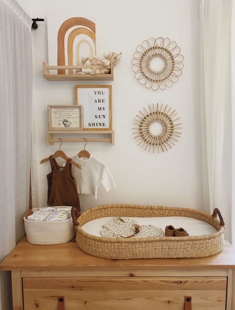 Boho Nursery Organization, Crib In Corner Of Nursery, Baby Room Aesthetic, Nursery Ideas Boho, Ikea Nursery Storage, Ikea Storage Hacks, Boho Baby Room, Ikea Nursery, Newborn Room