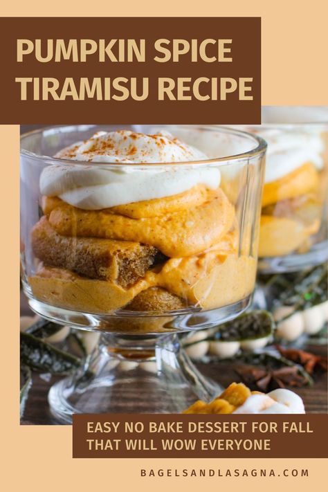 An easy no bake dessert recipe for a pumpkin flavored tiramisu. It is the perfect dessert full of fall spices of cinnamon, nutmeg and ginger. Serve in mini trifle dishes and topped with homemade whipped cream. Fall Trifle Recipes, Flavored Tiramisu, Pumpkin Tiramisu, Dessert Lasagna, Mini Trifle, Italian Desserts Traditional, Easy Tiramisu Recipe, Trifle Recipes, Dessert Truffles