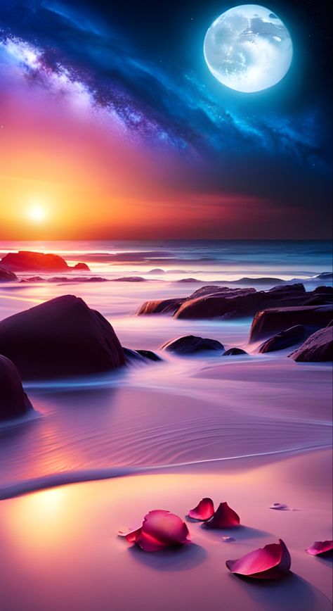 Fantasy beach full moon sunset Fantasy Lockscreen, Zoom Wallpaper, Fantasy Beach, Galaxy Sky, Moon Galaxy, Aesthetic Moon, Most Paused Movie Scenes, Nature Iphone Wallpaper, Beautiful Scenery Photography