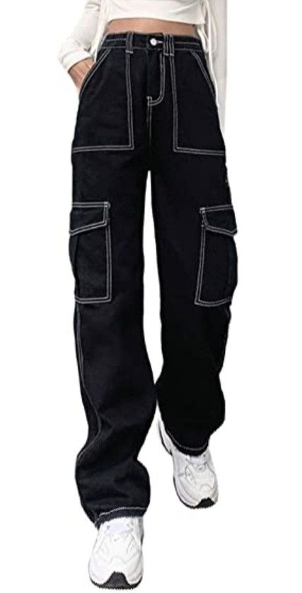 Shoelace Belt, High Waisted Baggy Jeans, Y2k Trousers, Mode Hippie, Womens Black Pants, Baggy Cargo Pants, Zipper Pants, Jeans Casual, Wide Leg Denim