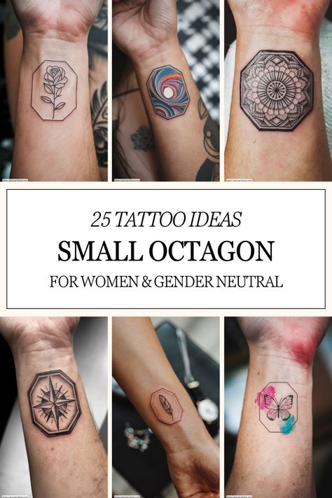 Collage of small octagon tattoo designs, including a rose, mandala, compass, and floral motifs, for women and gender-neutral styles. Octagon Tattoo, Tattoo Ideas For Females, Nature And Human, Creative Tattoo Ideas, Unique Tattoo Ideas, Creative Tattoo, Unique Tattoo, Creative Tattoos, Unique Tattoos