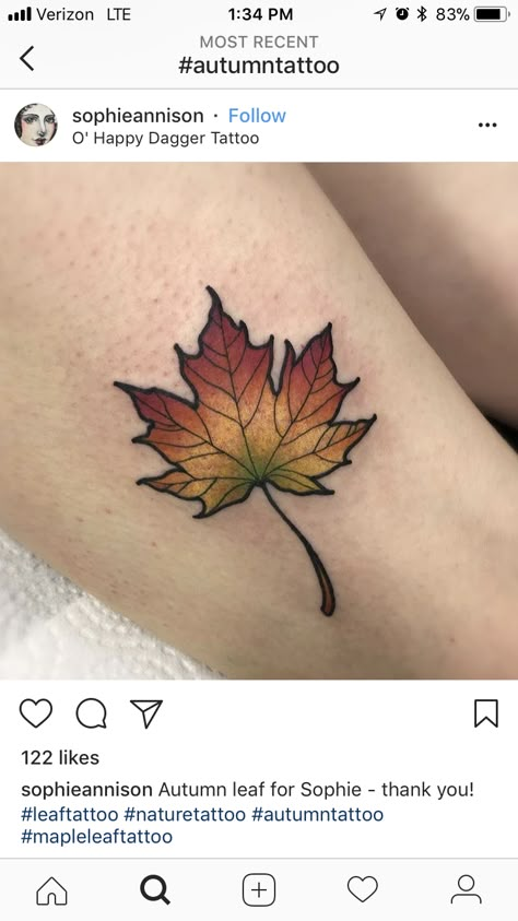 Autumn leaf tattoo Autumn Leaf Tattoo, Oak Leaf Tattoos, Maple Leaf Tattoos, Fall Leaves Tattoo, Inner Elbow Tattoos, Rip Tattoo, Autumn Tattoo, Leaf Tattoo, Family Tattoo Designs