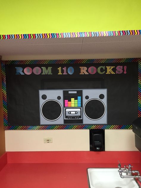 Boom box bulletin board Boom Box Bulletin Board, Band Bulletin Board Ideas, 80s Themed Bulletin Board, Rockstar Bulletin Board Ideas, Rock N Roll Bulletin Board Ideas, Hip Hop Bulletin Board Ideas, 90s Bulletin Board Ideas, 90s Theme Bulletin Board, 80s Bulletin Board Ideas