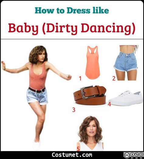 Baby wears an orange or peach top paired with denim shorts and a pair of white sneakers           #movies #movies #female #teen #curlyhair #DirtyDancing #dancer Dirty Dancing Costume, Dirty Dancing Party, Kids Costume Ideas, Baby Dirty Dancing, Decade Outfits, Watermelon Costume, Dirty Dancing Movie, 80s Party Outfits, Peach Top