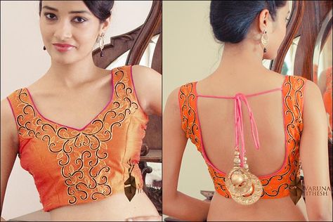 Blouse Back Neck Designs - Embroidered Orange Blouse Back Neck Design Simple Maggam Work Blouse, Simple Maggam Work, Blouse Design Aari Work, Cotton Saree Blouse Designs, Blouses Designs, Maggam Work Blouse, Blouse Sewing, Cotton Saree Blouse, Sewing Blouses