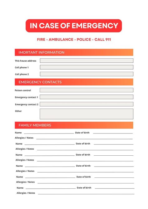 Emergency info sheet: Blank printable template for the babysitter or for your fridge with emergency contacts and phone numbers Emergency Contacts Free Printable, Emergency Numbers For Kids, Home File Organization, Babysitter Printable, Emergency Contact List, Productive Moms, Family Resources, The Babysitter, Getting Organized At Home