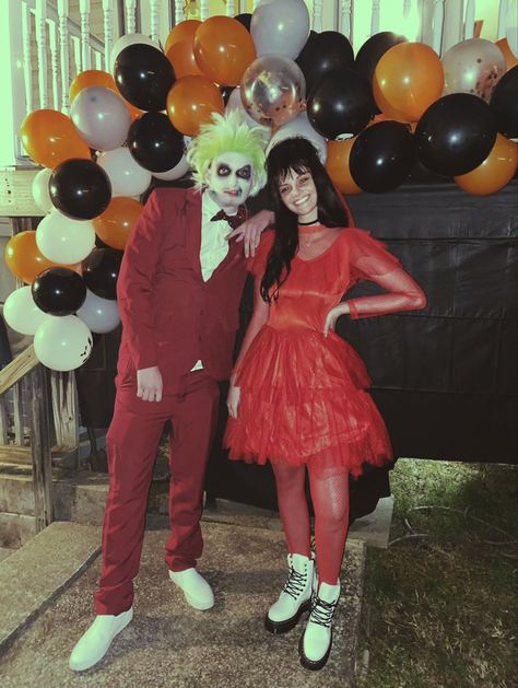 Nettle Juice And Lydia Costume, Beetle Juice Costume Couple, Bettle Juice Halloween Costume Women, Non Basic Couples Costumes, Beetlejuice Costume Men, Beatle Juice And Lydia Costume, Bettle Juice Couples Costumes, Poison Ivy And Batman Couple Costume, Couples Costume Ideas 2023