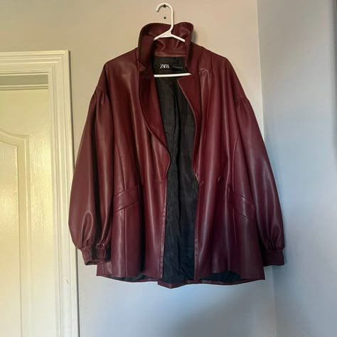 ZARA MAROON LEATHER JACKET Dark Red Leather Jacket Aesthetic, Red Faux Leather Jacket, Maroon Autumn Outfit, Red Brown Leather Jacket, Wine Red Leather Jacket, Oversized Red Leather Jacket, Leather Jacket Burgundy, Cherry Leather Jacket, Vintage Red Leather Jacket