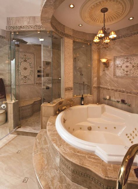 Penthouse Apartment - Mediterranean - Bathroom - New York - by In-Site Interior Design | Houzz Drømme Bad, Marble Bathroom Designs, Top Bathroom Design, Bilik Air, Luxury Master Bathrooms, Modern Bathtub, Jacuzzi Tub, Bad Design, Bathroom Design Luxury