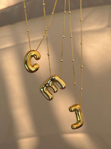 Alphabet Pendant Gold Letters, Anti Tarnish Jewelry, Balloon Alphabet, Alphabet Pendant, Bubble Necklaces, Bubble Balloons, Tarnished Jewelry, Jewelry Accessories Ideas, Jewelry Fashion Trends