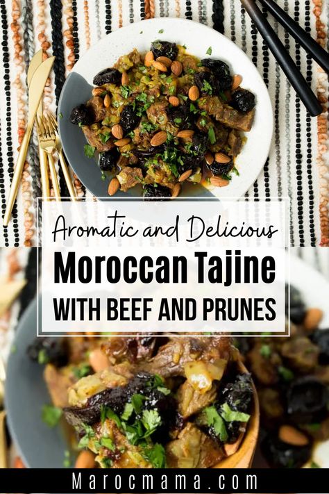 Indulge in this Moroccan Tajine's rich, exotic flavors with Beef and Prunes. Slow-cooked to perfection, tender beef and plump prunes are infused with a blend of traditional spices for a dish that's both comforting and full of flavor. Perfect for a cozy night in or as a unique addition to your next dinner party. #MoroccanTajine #BeefandPrunes Moroccan Meat With Prunes, Moroccan Beef Tajine, Moroccan Beef Tagine, Moroccan Food Traditional, Middle Eastern Beef Stew, Beef Tagine Recipes, Moroccan Beef Stew, Moroccan Foods, Moroccan Tajine