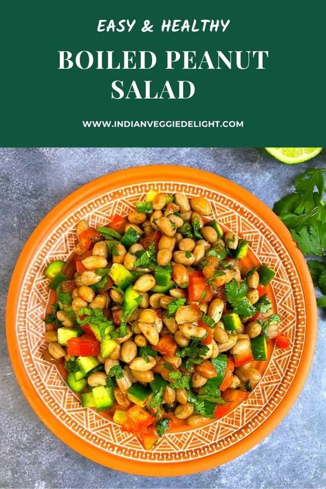 This Peanut vegetable salad is a healthy and nutritious Indian-style salad recipe made with boiled peanuts (groundnuts), raw vegetables, lemon, and few spices. You can serve Boiled Peanut Chaat salad with a hot cup of tea or coffee. Vegan, Low Carb, and Keto Friendly. Peanut Chaat, Veg Salad Recipes, Indian Fast Food, Vegan Low Carb, Indian Salads, Veggie Salad Recipes, Peanut Salad, Boiled Peanuts, Boiled Vegetables