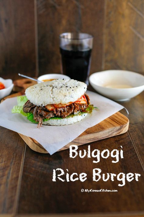 Bulgogi Rice Burger Recipe - This is a great way to enjoy Bulgogi in rice patty buns! Rice buns are unique, delicious and a healthier choice if you are gluten intolerant! Rice Burger Recipe, Rice Patty, Korean Burger, My Korean Kitchen, Rice Burger, Korean Kitchen, Korean Recipes, Korean Dishes, Burger Recipe