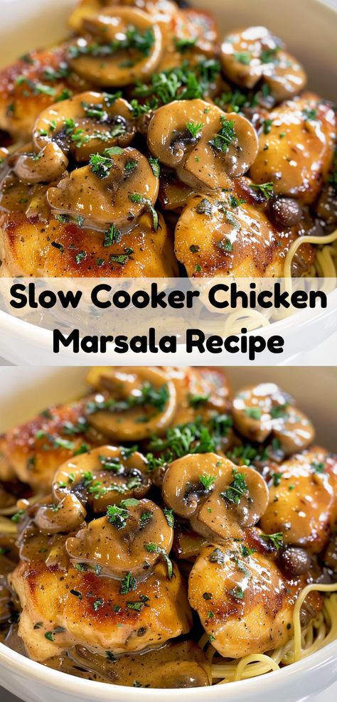 Easy Slow Cooker Chicken Marsala: flavorful chicken in a creamy Marsala sauce. Tasty dinner! Chicken Marsala Crockpot, Slow Cooker Chicken Marsala, Diet Dishes, Sausage Pie, Chicken Marsala Recipe, Chicken Marsala Easy, Marsala Sauce, Marsala Recipe, Crockpot Chicken Breast