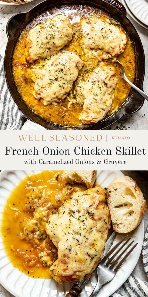 If you're looking for a cozy, comforting, and hearty fall dinner, try my cheesy French onion chicken skillet, a one pan dish with lots of caramelized onions, tender baked chicken, and nutty Gruyère cheese. Enjoy alongside any type of potato, roasted vegetables, or salad. It's especially good with crusty baguette for mopping up the sauce. #wellseasonedstudio #frenchonion #chicken #chickenrecipe #gruyère French Onion Chicken Skillet, Tender Baked Chicken, Chicken Marsala Pasta, Potato Roasted, French Onion Chicken, Chicken Skillet, Onion Chicken, Favorite Chicken, Soup Dinner