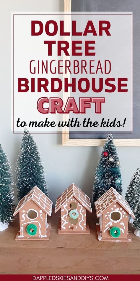 Three wooden birdhouses decorated to look like gingerbread houses surrounded by bottle brush trees. Gingerbread Bird House Ideas, Birdhouse Gingerbread House, Gingerbread Birdhouse Ideas, Dollar Tree Birdhouse Crafts, Dollar Tree Gingerbread, Gingerbread Birdhouse, Unique Gingerbread House, Gingerbread House Craft, Diy Gingerbread