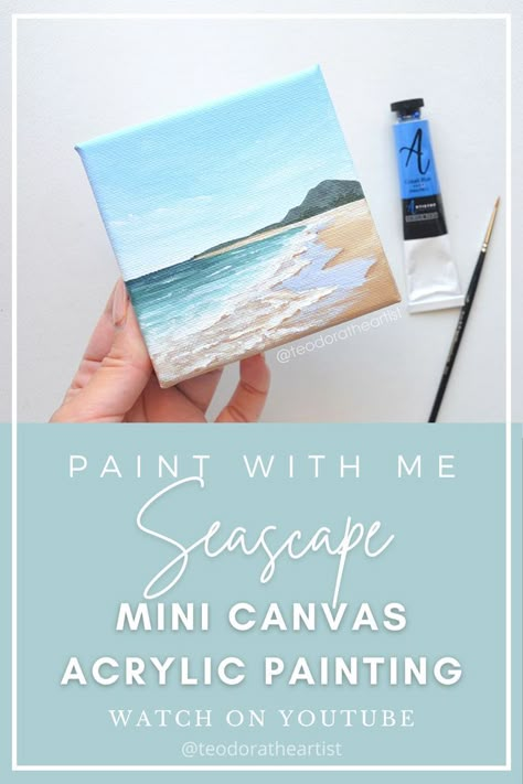 Diy Coastal Canvas Art, Mini Canvas Art Beach Easy, Easy Ocean Painting Step By Step, Simple Beach Paintings For Beginners, Mini Paintings Tutorials, Miniature Canvas Painting Ideas, Mini Beach Paintings, Sea Acrylic Painting Easy, Abstract Art Tutorials Step By Step