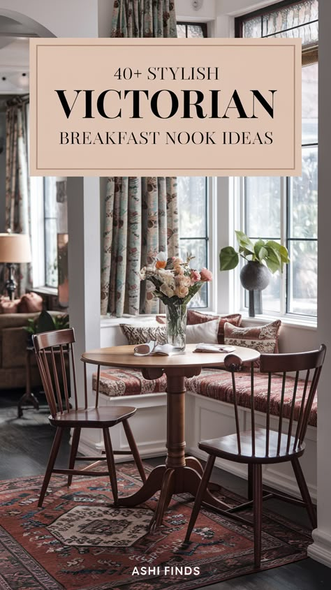 victorian style breakfast nook ideas Cozy Kitchen Banquette, English Country Breakfast Room, Small Room Off Kitchen Ideas, Dining Corner Ideas Small Spaces, Kitchen Corner Nook Small Spaces, Classic Breakfast Nook, Breakfast Nook Sitting Area Cozy, French Country Breakfast Nook Ideas, Oval Breakfast Nook Table