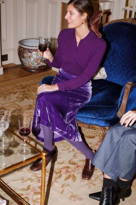 Velvet Long Skirt Outfit, Velour Skirt Outfit, Long Velvet Skirt Outfit, Velvet Skirt Outfit, Pink Velvet Skirt, Slip Skirt Outfit, Midi Outfits, All Shades Of Purple, Long Skirt Outfits