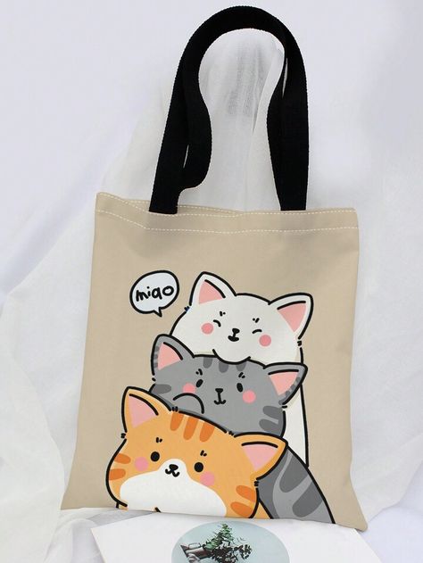 Cartoon Cute Cat Pattern Single Shoulder Canvas Bag | SHEIN USA Handpainted Bags, Fun Crafts To Do, Cats Tote Bag, Cat Tote, Cat Bag, Clothes Sewing Patterns, Canvas Shoulder Bag, Cat Pattern, Shopper Bag