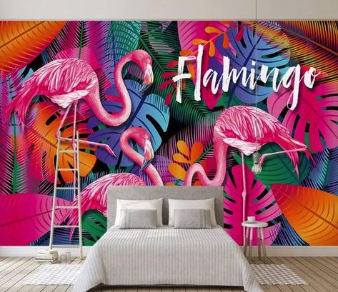 Summer Window Display, Tree Wallpaper Mural, Summer Window, Flamingo Wallpaper, Café Design, Flamingo Theme, Wallpaper Colorful, Tropical Home Decor, Tropical Home