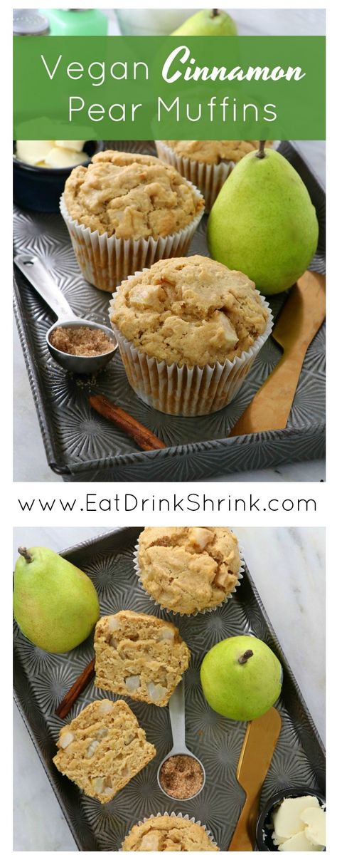 Vegan Cinnamon Pear Muffins Vegan Pear Muffins, Vegan Pear Recipes, Pear Muffins Recipes, Muffin Vegan, Dairy Free Muffins, Pear Muffins, Ginger Pear, Vegan Muffins, Vegan Cakes