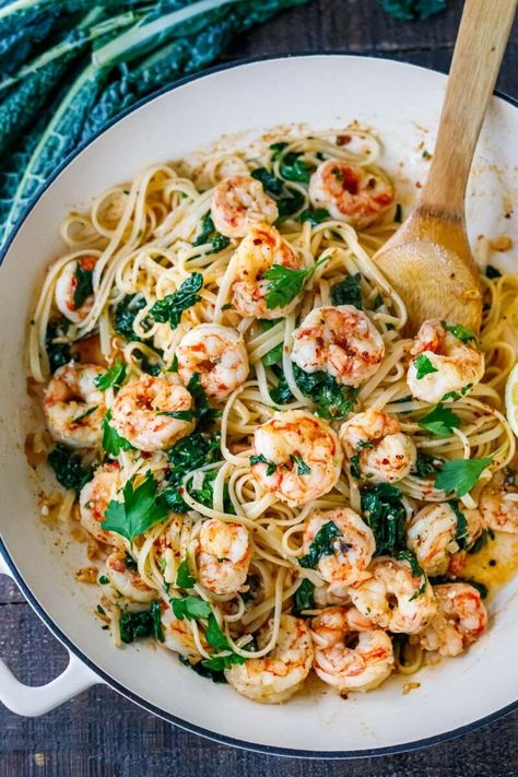 This Shrimp Pasta recipe is fast, easy and full of punchy flavor! Olive oil, lemon zest, fresh garlic, kale and red pepper flakes keep it light and flavorful. A delicious pasta dinner, ready in under 30 minutes. Kale Pasta Recipe, Popular Pasta Recipes, Easy Shrimp Pasta, Shrimp Pasta Recipe, Broccoli Pasta Recipe, Lemon Garlic Shrimp Pasta, Garlic Kale, Kale Pasta, Baked Rigatoni