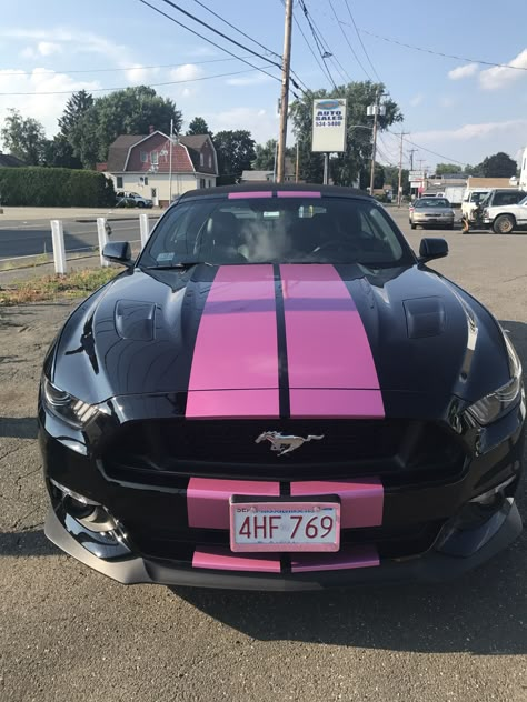 My 2017 Mustang GT Metallic Pink Stripes Pink Mustang Aesthetic, Black And Pink Mustang, 2017 Mustang Gt, Pink Mustang Gt, Girly Mustang, Mustang With Stripes, Pink And Black Car, Mustangs Cars, Pink Hellcat