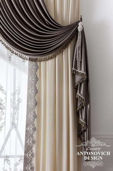 Use stencils and fabric paint to create patterns or designs on plain curtains. White Curtains Living Room, Victorian Curtains, Classic Curtains, House Window Design, Antonovich Design, Unique Curtains, Plain Curtains, Luxury Curtains, Stylish Curtains