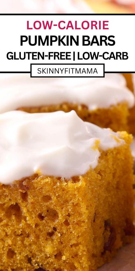 These healthy pumpkin bars with cream cheese frosting are soo easy to make and well worth the wait. They are gluten free, low in calories, and great for most diet plans. You can have these pumpkin bars for breakfast, mid-day snack or even dessert. Healthier Pumpkin Bars, Ww Pumpkin Desserts, Protein Pumpkin Bars, Keto Pumpkin Bars With Cream Cheese, Chocolate Pumpkin Bars, Flourless Pumpkin Bars, Low Sugar Pumpkin Desserts, Low Calorie Pumpkin Desserts, Low Carb Pumpkin Desserts