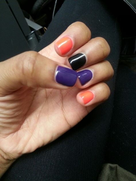 Different color nails...purple, orange, & black Purple Black Orange Nails, Black Purple Orange Nails, Orange And Purple Nails Halloween, Halloween Nails Purple And Orange, Orange Purple Nails, Purple Orange Nails, Black And Purple Halloween Nails, Orange And Purple Nails, Halloween Nails Purple