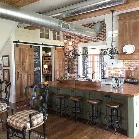 Love this farmhouse kitchen with exposed duct work and brick walls - part of this farmhouse tour eclecticallyvintage.com Exposed Brick Kitchen, Farmhouse Tour, Brick Kitchen, Brick Walls, Kitchen Farmhouse, Apartment Life, Open Concept Kitchen, Eclectic Home, Exposed Brick