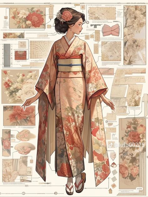 Woman In Kimono Drawing, Kimono Art Design, Kimono Aesthetic Traditional, How To Draw Kimono, Japanese Clothes Drawing, Japanese Kimono Drawing, Japanese Fantasy Clothes, Kimono Design Drawing, Anime Kimono Outfit