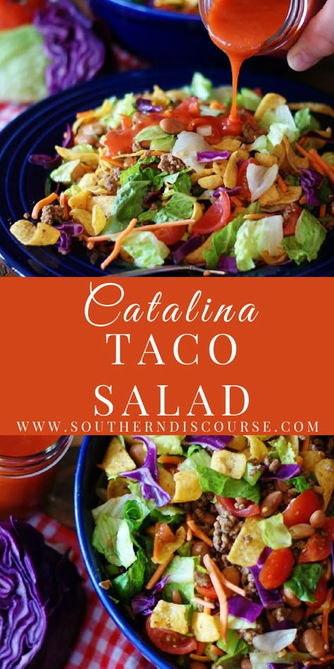 Taco Salad Sides, Catalina Salad Recipe, Frito Salad Recipes, Ranch Style Bean Frito Salad, Salad Recipes For Dinner Party, Frito Salad With Catalina Dressing Ranch Style Beans, Frito Catalina Salad Recipe, Ranch Style Beans Recipe Ground Beef, Salad With Fritos And Catalina Dressing