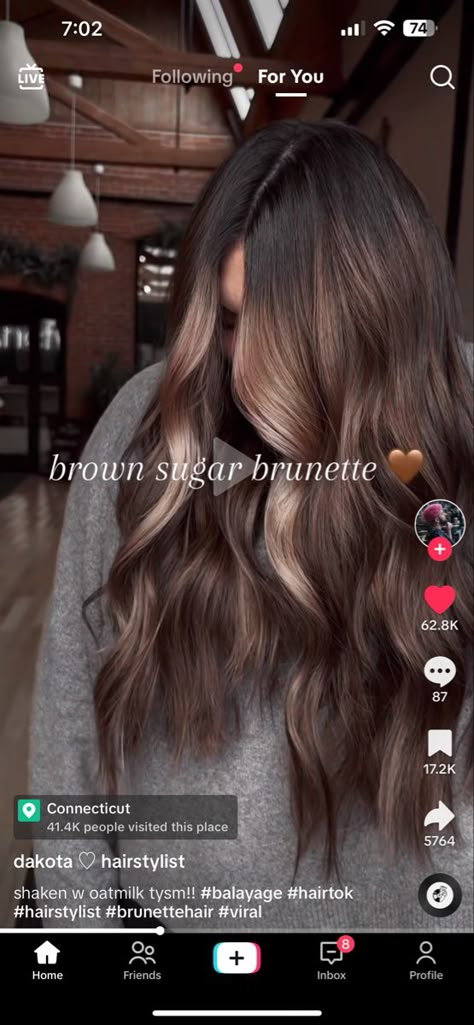 Brunette With Mocha Highlights, Low Maintenance Ombre Brunettes, Brunette Color Melt Balayage, Dark Hair Baylage Ideas, Brunette One Color Hair, September Hair Color Ideas Brunette, Chocolate Brown Hair Hazel Eyes, Brown Sugar Hair Color With Highlights, Rich Balayage Brunettes