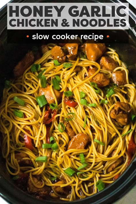 Slow Cooker Honey Garlic Chicken combines tender chicken, red bell peppers, and onions in a super flavorful honey garlic sauce made easily right in the crockpot. Before serving, toss your favorite noodles in the sauce for a full dinner that everyone will love. | www.persnicketyplates.com Full Slow Cooker Meals, Easy Dinner Everyone Will Love, Slow Cooker Honey Garlic Noodles, Honey Garlic Chicken Noodles Instant Pot, Honey Garlic Chicken And Noodles Crock Pot, Light Crockpot Recipes Healthy, Chicken Bell Pepper Crockpot, Crockpot Lomein Slow Cooker, Littlespicejar Recipes