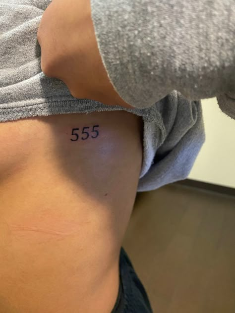 small 555 angel number tattoo on my side 555 Red Ink Tattoo, 555 Wrist Tattoo, Angel Number Tattoo Ribs, Angel Number Rib Tattoo, Tattoo Ideas Female Angel Numbers, Angel Number 555 Tattoo, 555 Angel Numbers Tattoo, 555 Tattoo Ideas, Number Small Tattoo