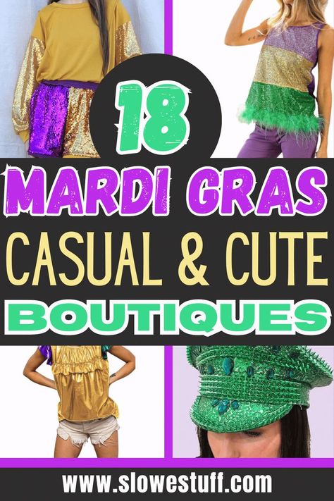 Images of people wearing Mardi Gras themed clothes with heading 18 Mardi Gras Boutique Outfits to wear at Mardi Gras this year with website www.slowestuff.com listed Mardi Gras Party Outfit, Mardi Gras Outfits For Women, Mardi Gras Dress, Mardi Gras Outfits, Boutique Outfits, Party Outfit Ideas, Mardi Gras Mask, Mardi Gras Party, Trendy Boutique